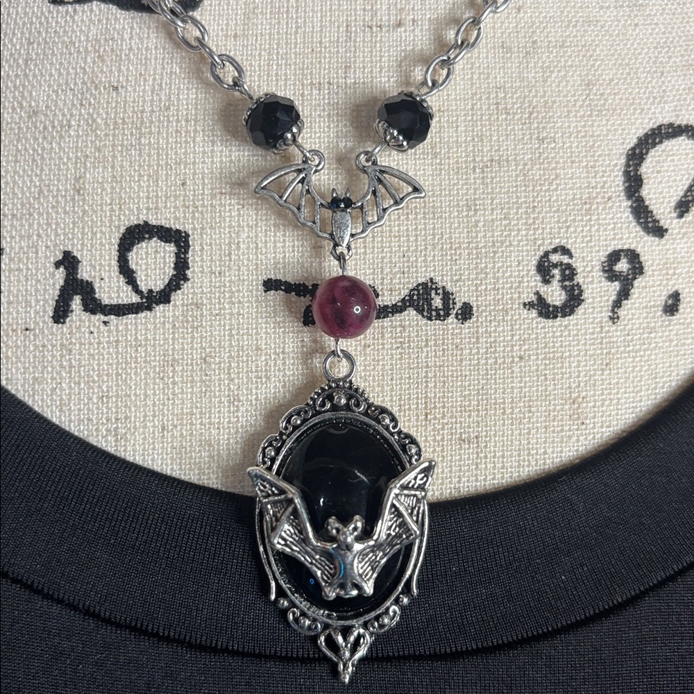 Handmade Garnet & Gothic Gargoyle Pendent Bat Necklace OOAK Dark Academia